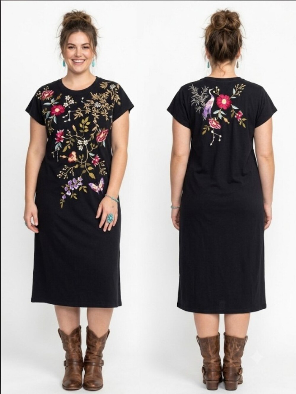 Johnny Was Dress Midi Cotton Knit Tee Shirt Floral Birds Embroidered Large